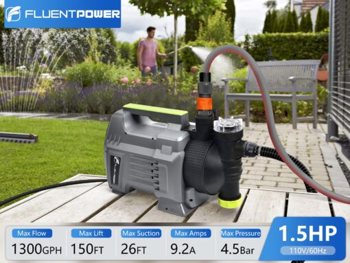 FLUENTPOWER 1.5HP Automatic Garden Booster Pump with Integrated Prefilter, 1300GPH, Lift 150FT, Portable Shallow Well Jet Pump, Water Transfer Draining Pump for Home Garden Lawn Sprinkler Irrigation - Image 5