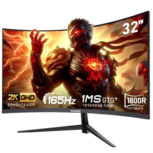 Gawfolk 32 inch 2K QHD(2560×1440P) 165Hz Curved Gaming Monitor,PC Screen, 1ms，FreeSync, 98% sRGB，178° Wide Viewing Angle，DisplayPort、HDMI, Wall Mount Compatible 100 * 100MM Wall - Black