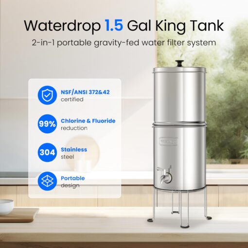 Waterdrop 1.5 Gallons Gravity-fed Water Filter System, NSF/ANSI 42&372 Standard, Stainless-Steel Travel System with 4 Filters, Metal Spigot and Stand, Reduces Up to 99% Chlorine-King Tank Series - Image 6