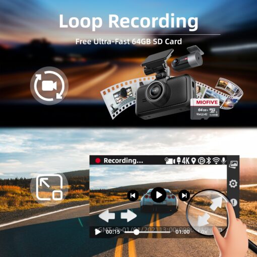 Miofive Dash Cam Car Front Rear 4K+4K WiFi Bluetooth Dash Cam with 64GB SD Card, Dual Car Camera with Parking Monitoring, Super Night Vision, HDR, G-Sensor, Loop Recording, App Control, Max 512GB - Image 2