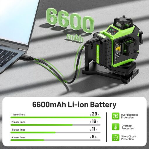 Huepar 4x360 Laser Level Self-leveling 4D Green Beam Cross Line 16 Lines Tiling Floor Laser Tool -2x360 Horizontal/Vertical Laser Lines -rechargeable Li-ion Battery & Integrated Magnetic Bracket 704CG - Image 9