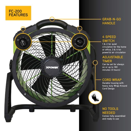 XPOWER FC-200 Heavy Duty Industrial High Velocity Whole Room Air Mover Air Circulator Utility Floor Fan, 4 Speeds, Timer, 13 inch, 1300 CFM - Image 6