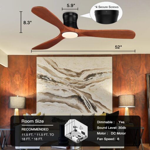 52' Smart Wood Low Profile Ceiling Fan with Lights Remote, Quiet DC Motor, Outdoor Indoor Flush Mount, Voice Control via WIFI Alexa App, Modern Dimmable Lighting for Bedroom Patio - Image 2