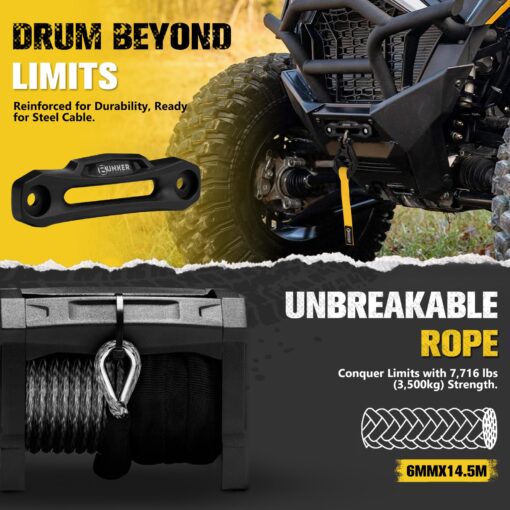 BUNKER INDUST 6000lb Electric Winch 12V Waterproof with Synthetic Rope Hawse Fairlead Kit for Offroad UTV ATV,Recovery Winch with Both Wireless Handheld Remote and Corded Control - Image 8