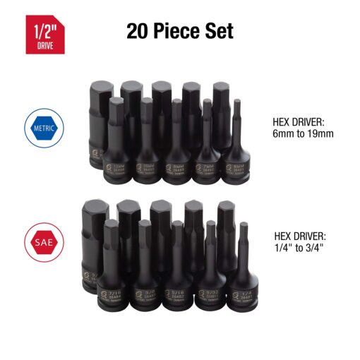 Sunex 2637L, ½" Drive, 6" Long Master Impact Hex Driver Set & Sunex 2637, 1/2" Drive Impact Hex Driver Set, 20Piece, SAE/Metric, 1/4" - 3/4", 6mm - 19mm, Meets ANSI Standards, - Image 3