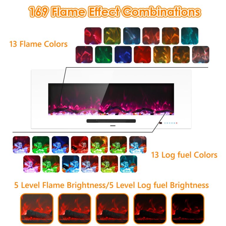 Dreamflame 50" Electric Fireplace Inserts, Recessed & Wall Mounted Fireplace Heater Colorful Flame &Fuel, Remote Control Setting Dimer, Thermostat &Timer, Plug in &Hard-Wire Option, 750W/1500W, White - Image 6