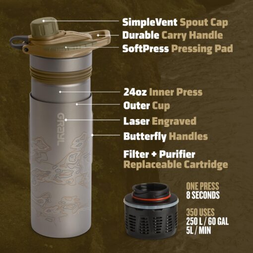 GRAYL GeoPress Titanium 24 oz Water Purifier Bottle with Cooking Lid - Filter for Hiking, Camping, Survival, Travel (Coyote Brown) - Image 2