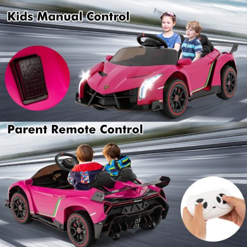INFANS 2 Seater Kids Ride on Car, 12V 4WD Licensed Lamborghini Veneno Powered Electric Vehicle with Hydraulic Doors, Rocking Mode, Adjustable Speeds, Remote Control, MP3, Headlight (Coral) - Image 7