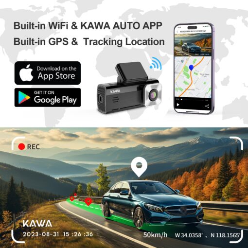 KAWA 4K Dash Cam Front Rear, AI-ISP Night Vision, Free 64GB Card, 4K+1080P Dual WiFi Dash Camera for Cars with Sony STARVIS, GPS and Speed Dashcam, 3.16” IPS Screen, G-Sensor, AI 24H Motion Detection - Image 5