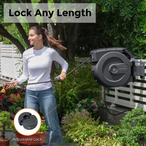 Giraffe Tools AW505/8 Retractable Garden Hose Reel 5/8" x 115+5 ft, Heavy Duty Wall Mounted Water Hose Reel Automatic Rewind, 180 Deg Swivel Bracket, Slow Retraction, 115ft, Dark Grey - Image 5