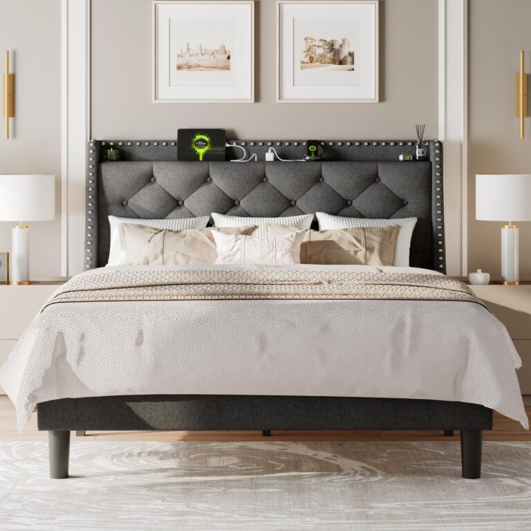 Feonase Full Size Bed Frame with Luxury Wingback and Fast Charging Station,Full Upholstered Button Tufted Storage Headboard Platform Bed,Sturdy Wooden Slats Support,Noise-Free, Easy Assembly,Dark Gray - Image 2