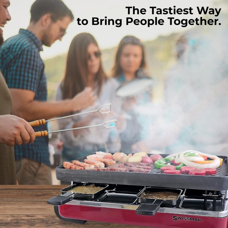 Swissmar Classic 8-Person Raclette Party Grill with Reversible Cast Iron Grill Plate/Crepe Top, Indoor Electric Raclette Grill & Griller - Red - Image 3