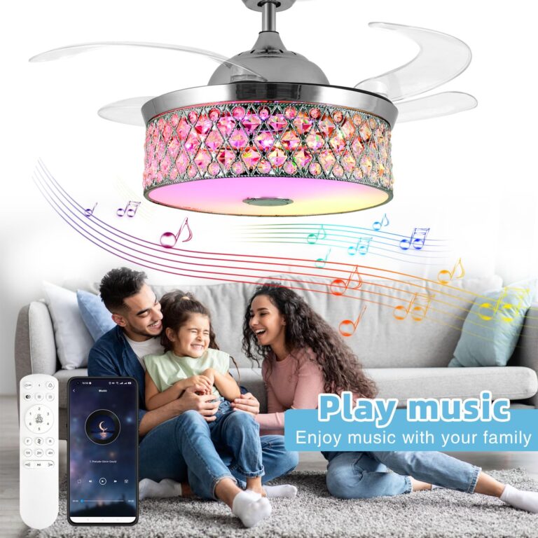 Retractable Crystal Ceiling Fan With Light and Remote/APP Control, Bluetooth Speaker, RGB LED Light, 6 Speeds Reversible Blades, Chandelier for Bedroom Living Room - Image 6