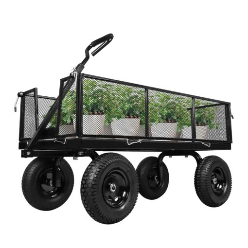 Taifa Heavy Duty 1100 Lbs Capacity Steel Garden Cart with 11.5 inch Tire, Removable Side Panels Turn Into Flatbed, Utility Cart for Yard Lawn and Farm, Metal Wagon with 180° Rotating Handle, Black