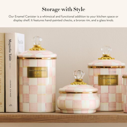 MACKENZIE-CHILDS Large Enamel Canister, Kitchen Storage Container for Flour and Sugar, 1.89 Liters, Pink-and-White Rosy Check - Image 6
