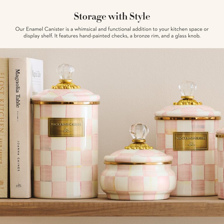 MACKENZIE-CHILDS Large Enamel Canister, Kitchen Storage Container for Flour and Sugar, 1.89 Liters, Pink-and-White Rosy Check - Image 6
