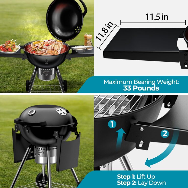 Harbweb 22 Inch Charcoal Grill with 2 Foldable Side Tables,Charcoal Kettle Grills with Wheels,Outdoor bbq Grill,Portable Charcoal Grill for Camping,Party,Backyard (Black) - Image 7