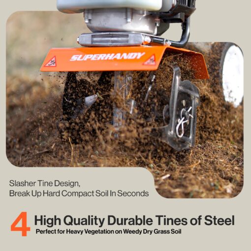 SuperHandy 52cc 2 Stroke Gas Mini Tiller Cultivator - 1.8HP, 4 Adjustable Steel Tines, Forward Rotation, 10" Tilling Width - Ideal for Garden, Lawn, Soil Cultivation, Weed & Digging - Image 5