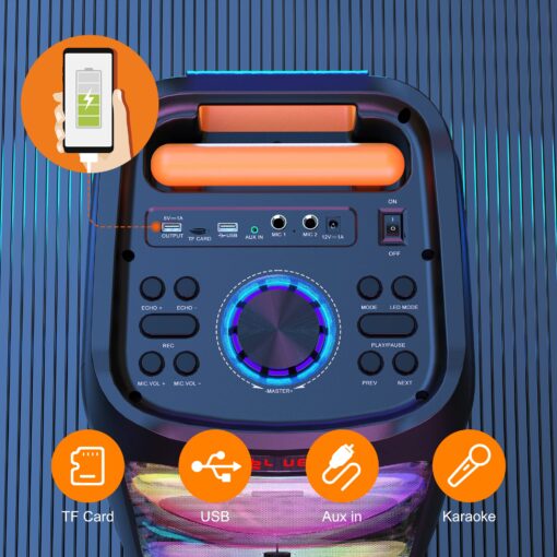 JYX Karaoke Machine with 2 Wireless Microphones for Adults, 8" Big Bluetooth Party Speaker with 500W Peak Power, PA System with LED Disco Light, Rolling Wheels and Trolley, Perfect for Outdoor Home - Image 7