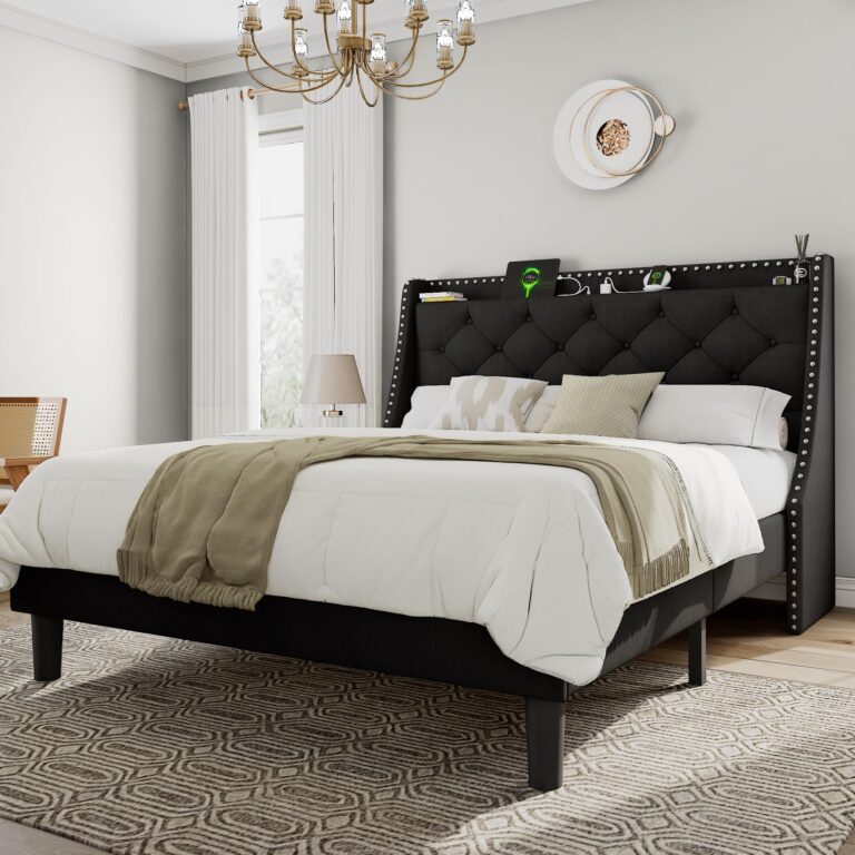 Feonase Queen Bed Frame with Luxury Wingback and Fast Charging Station,Upholstered Button Tufted Storage Headboard Platform Bed,Sturdy Wooden Slats Support,Noise-Free,Easy Assembly,Matte Black