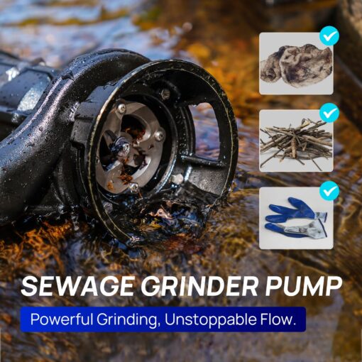 Aquastrong 1HP Cast Iron Sewage Grinder Pump, 220V 4200GPH Sewage Pump with Automatic Float Switch, 2'' NPT Discharge for Sump Basins/Residential Basements - Effluent & Sewage Handling - Image 7