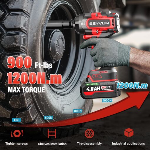 SEYVUM Cordless Impact Wrench, 1/2” Max Torque 900 Ft-lbs / 1200 N.m Powerful Impact Gun, 20V 3500RPM Electric Impact Driver, 2 x 4.0Ah Battery & Fast Charger, 6 Impact Sockets, Carrying Case Included - Image 5