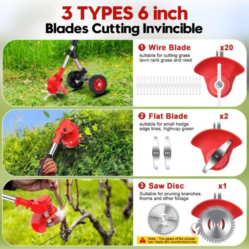 Electric Weed Wacker Cordless with Wheels, Weed Eater Battery Powered 2000mAh 21V, 3 in 1 Lightweight Grass Trimmer String Trimmer Brush Cutter Mower, Stringless Weed Trimmer Edger W/Blade 2 Battery - Image 6