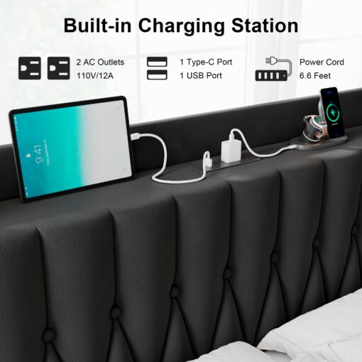 Feonase Leather King Size Bed Frame with Fast Charging Station,Metal Platform King Beds with Upholstered Headboard & Footboard,12" Underbed Storage Space, Easy Assembly,Noise-Free,Black - Image 5