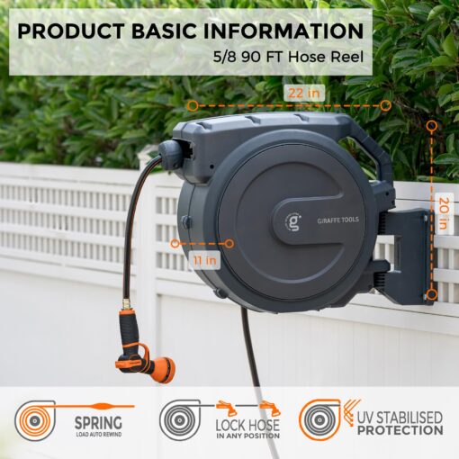 Giraffe Tools AW40 Retractable Hose Reel 5/8" x 90 ft Wall Mounted Garden Hose Reel Heavy Duty, Automatic Rewind, 180 Deg Swivel, Any Length Lock, 9 Pattern Nozzle, 90 ft, Dark Grey - Image 5