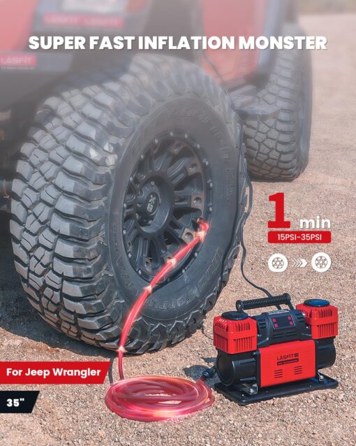 LASFIT X4 Off Road Air Compressor, [Fits 4x4 Vehicle, Truck, RV] 12.35CFM Super Fast Dual Cylinder Heavy Duty Portable Tire Inflator, 12V Smart Auto Stop Air Pump w/Digital Pressure Gauge, 150PSI Max - Image 7