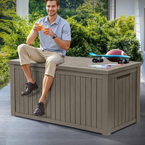 YITAHOME 180 Gallon XL Outdoor Storage Deck Box with Divider, Waterproof & Lockable, Ideal for Patio Furniture and Garden Tools, Resin-Built, Wood-Like Texture, Brown - Image 7