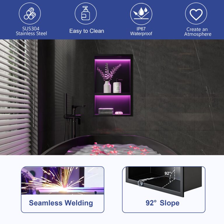 Neohomee 2-Tiers 12x18Inch Wall Niche with RGB LED Light Strips, Matte Black Shower Niche Cabinet, Stainless Steel Bathroom Shelf, NO Tile Needed Recessed Niche Storage Organizer, 80846220 - Image 3
