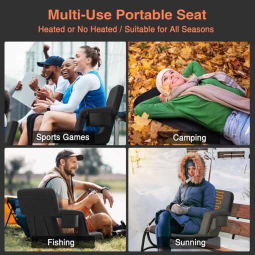 Suteck 2 pcs Dual-Sided Heated Stadium Seats for Bleachers with Back Support, 25" Portable Heated Bleacher Seat with Backrest, 3 Heat Levels, 5 Pockets – Ideal for Outdoor Stadiums and Events - Black - Image 2