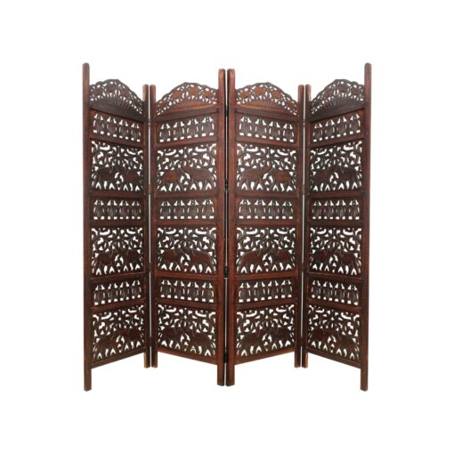 Room Divider Wood Screen - Elephant Hathi Walnut Brown - 4 Panel Fording 72x80 - Intricate Carved Room Décor Boho Portable Partition Privacy Screen Small Spaces Reversible Freestanding - COTTON CRAFT