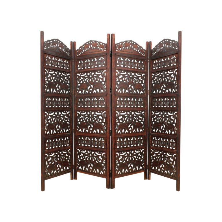 Room Divider Wood Screen - Elephant Hathi Walnut Brown - 4 Panel Fording 72x80 - Intricate Carved Room Décor Boho Portable Partition Privacy Screen Small Spaces Reversible Freestanding - COTTON CRAFT