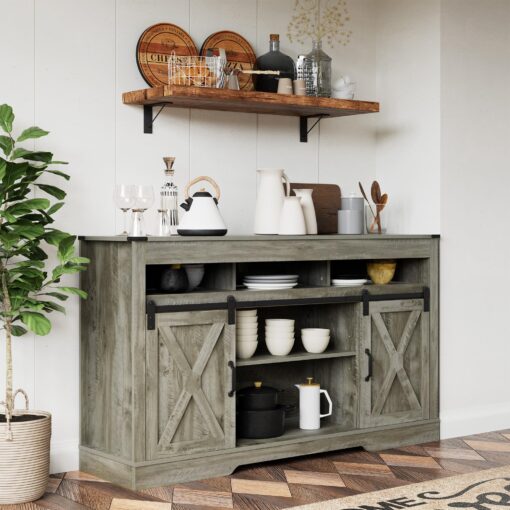 RoyalCraft Farmhouse TV Stand with Sliding Barn Door for TVs up to 65+ Inch, 34" Tall Entertainment Center, Wood Media Console Storage Cabinet for Bedroom, Living Room, Light Grey - Image 2
