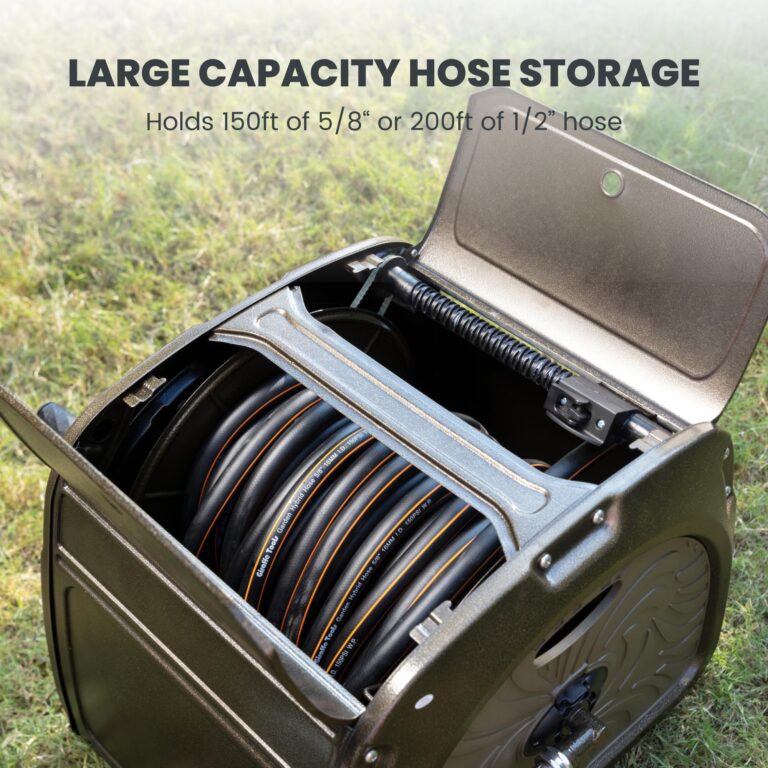 Giraffe Tools SW5 Metal Hose Reel Box, Heavy Duty Garden Hose Storage Reel Hideaway, Crank Handle, 150ft 5/8" Hose Capacity, Green - Image 7