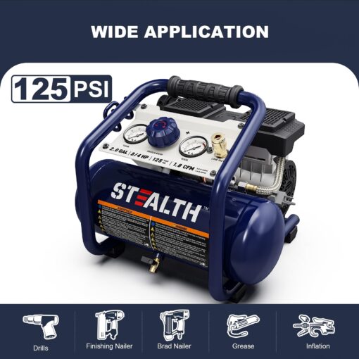Stealth Air Compressor 2 Gallon, 3/4 HP Oil-Free Compressor, Less than 60dB Ultra Quiet Electric Air Compressor,Max 125 PSI Pressure for Tire Inflation,Nailing,Home DIY Project(SAQ-1234) - Image 8