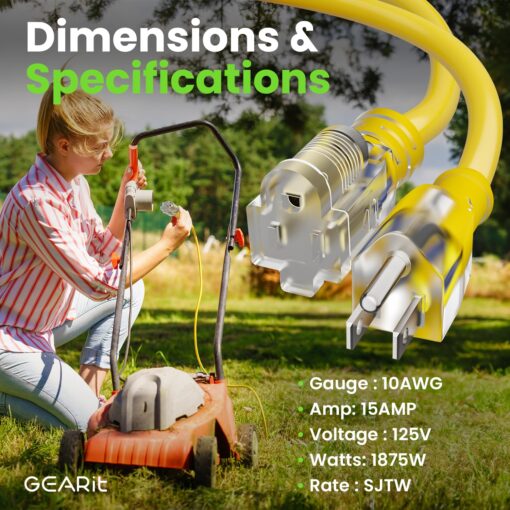 GEARit Outdoor 10 AWG Gauge 3 Prong Plug 100 Foot Extension Cord, Power Cord for Lawn, Garden, Appliances, 10/3, SJTW Heavy Duty for Indoor/Outdoor, All Purpose Weather Resistant, 100 Feet, Yellow - Image 5