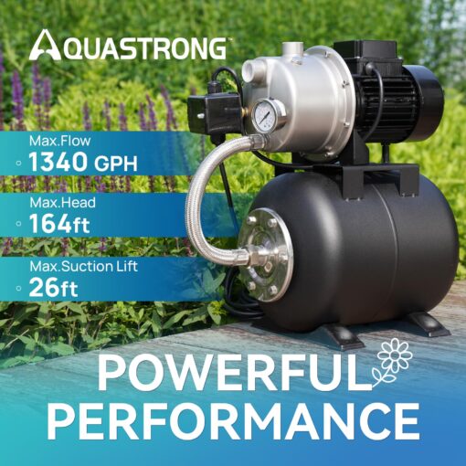 Aquastrong 1.6 HP Shallow Well Pump with Pressure Tank, NSF Certified, 1320 GPH, 115V, Stainless Steel Irrigation Pump, Automatic Water Booster Jet Pump for Home, Garden, Lawn - Image 6