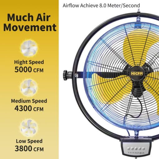 HiCFM 5000 CFM 20 inch Orbital Remote Control Wall Mounted Fan, 1/5HP Motor, Manual & Remote Operation, Timer, Oscillation & Tilting, 3 Speed, 9ft Power Cord Industrial and Commercial- UL Listed - Image 9