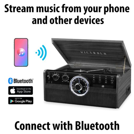 Victrola Mid Century 6-in-1 Bluetooth Record Player and Multimedia Center with Built-in Speakers - 3-Speed Turntable, CD and Cassette Player, AM/FM Radio Wireless Music Streaming Grey - Image 5