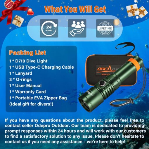 ORCATORCH D710 Scuba Diving Light, 3000 Lumens Super Bright Underwater Flashlight with 6 Degrees Narrow Beam, IP68 Waterproof Night Dive Torch 150 Meters Submersible Light (Green) - Image 2