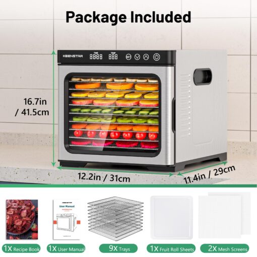 KEENSTAR Food Dehydrator for Jerky 1000W, 9 Stainless Steel Trays, 165℉ Temperature Control, 8.7ft² Drying Space, 48H Timer, Dryer Machine for Dog Treats, Herb, Veggies, Meat, Fruit - Image 3