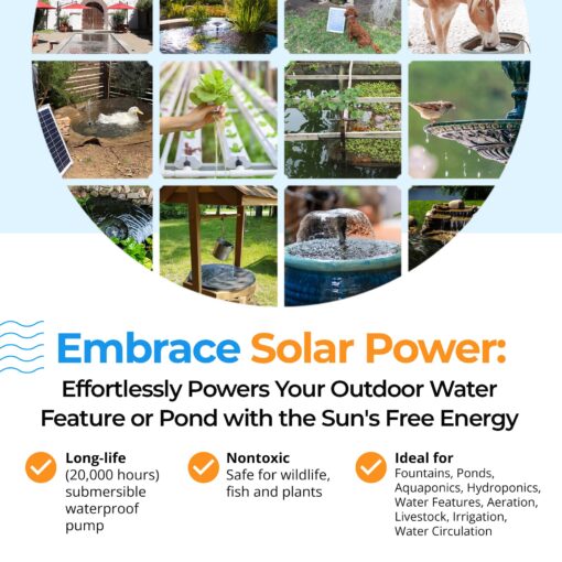 Solariver - Solar Water Pump Kit, Sun-Powered Submersible Water Fountain Outdoor Feature, 470+ GPH with 40-Watt Solar Panel (18V), Fountain Pump for Pond, Water Aeration, Hydroponics & Aquaculture - Image 7