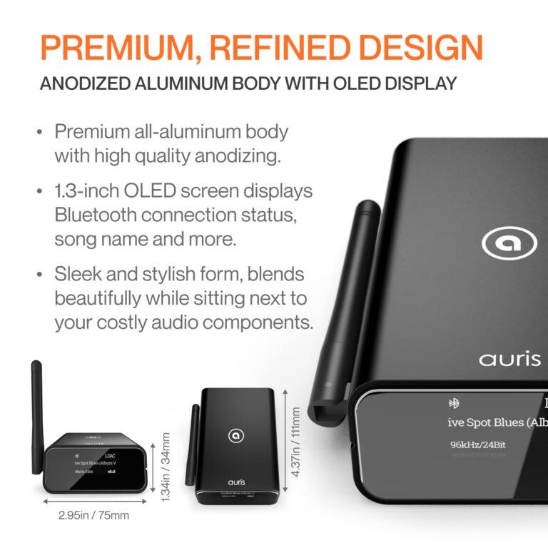 Auris Blume Pro HiFi Bluetooth 5.3 Music Receiver Long Range Bluetooth Adapter with Audiophile DAC, LDAC, aptX HD, OLED Display & Optical Coaxial AUX Output for Home Stereo, AV Receiver or Amplifier - Image 2