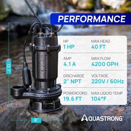 Aquastrong 1HP Cast Iron Sewage Grinder Pump, 220V 4200GPH Sewage Pump with Automatic Float Switch, 2'' NPT Discharge for Sump Basins/Residential Basements - Effluent & Sewage Handling - Image 2