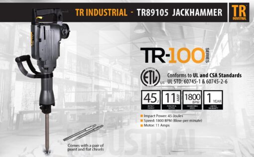 TR Industrial TR89105 Original Demolition Jack Hammer with Point and Flat Chisel Bit, Silver - Image 5
