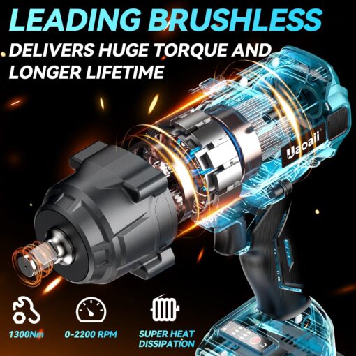 Uaoaii 1300Nm(960ft-lbs) Cordless Impact Wrench Torque Beast, 1/2 Battery Impact Gun w/ 2X 5.0Ah Battery, 5 Sockets & Storage Box, Electric Impact Wrench for Truck RV, Maintenance Duty, IW810 - Image 4