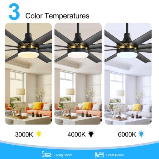 Breezary 65 Inch Ceiling Fan with Light and Remote, 8-Blade, Reversible DC Motor, 6-Speed, Timer, Industrial Ceiling Fans with Led Light Chandelier for Bedroom Office (Black & Gold + 8 Black Blade) - Image 7